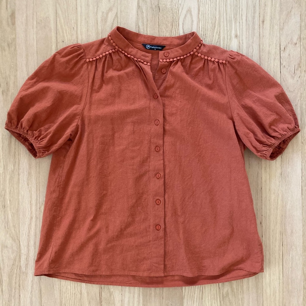 PRETTYGARDEN Button Up Burnt Orange Puff Sleeve Shirt Autumn Coastal Cowgirl - Picture 1 of 3